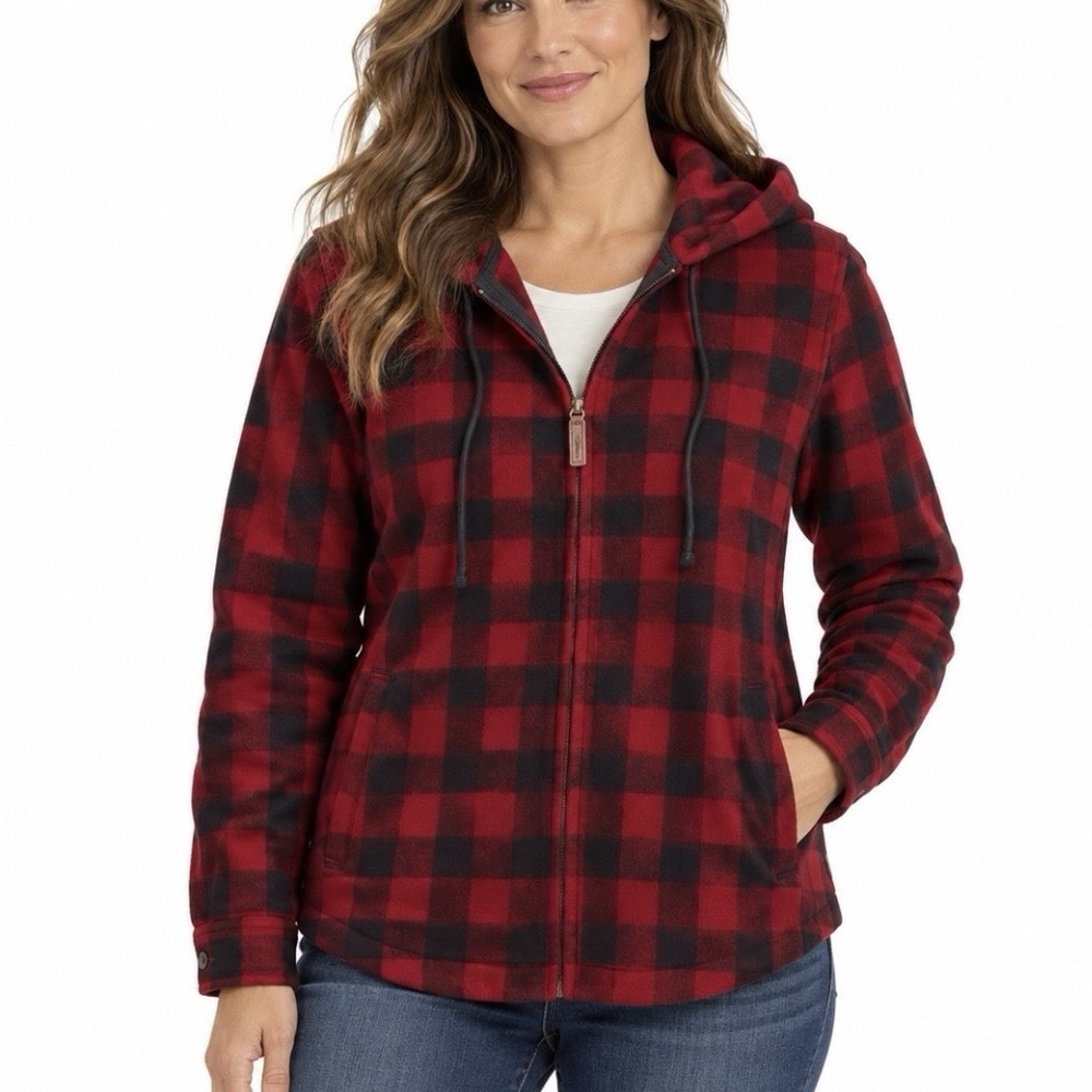 LL Bean Red Black Buffalo Plaid Zip Cotton Flannel Hoodie Shirt Pockets MEDIUM